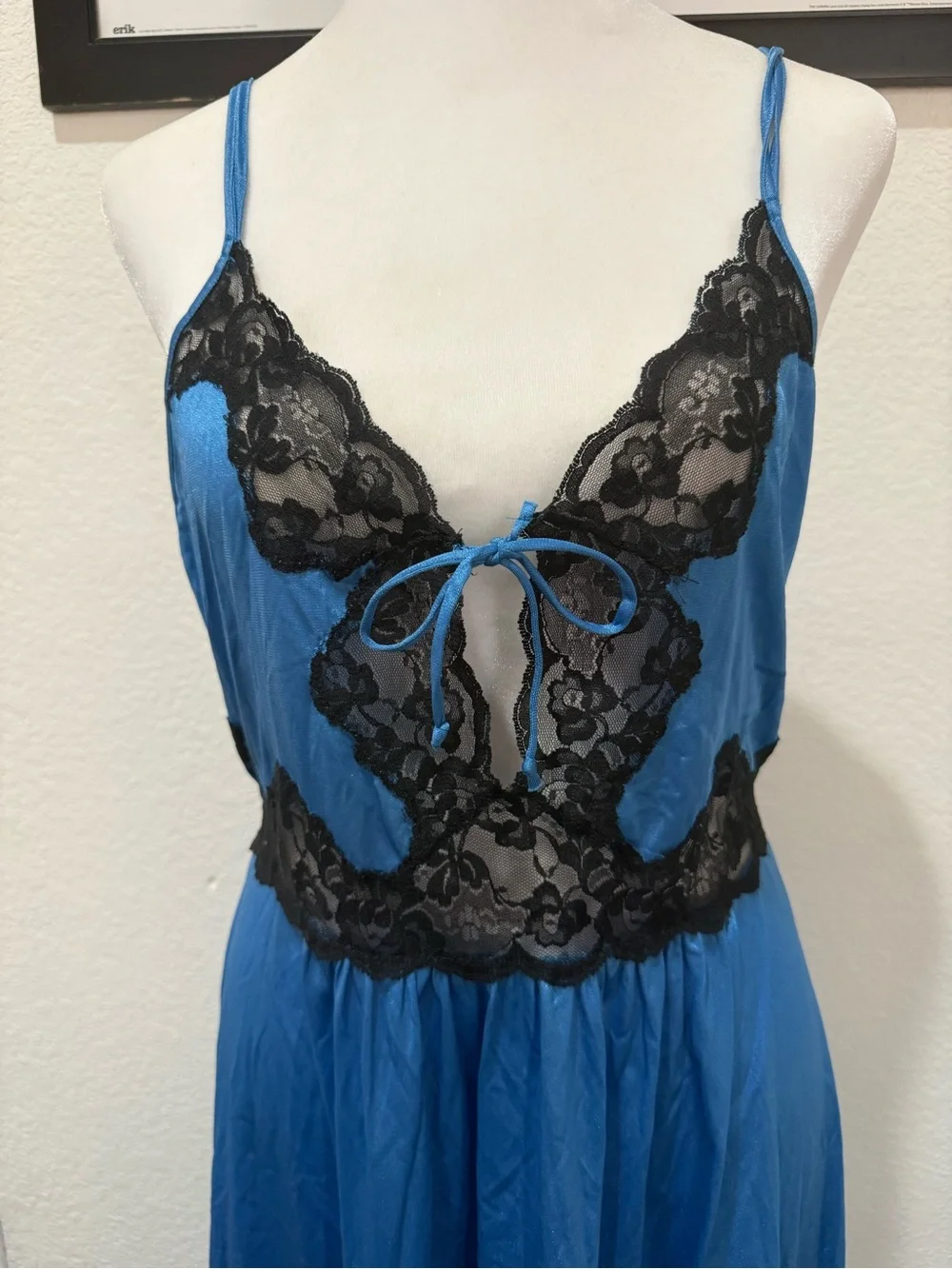 Vintage Diane Von Furstenberg Blue Maxi Slip Dress with Black Lace Trim